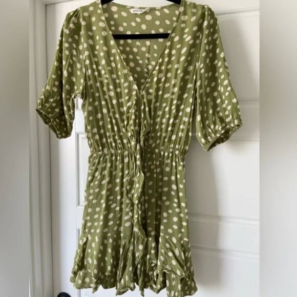 Kivari Gianna White Polka Dot Tie-Front Spring Green Mini Dress Size XS - Picture 3 of 6